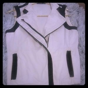 White denim jacket with black trim